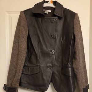 Nygard Dark Brown Leather Jacket with Tweed Sleeves